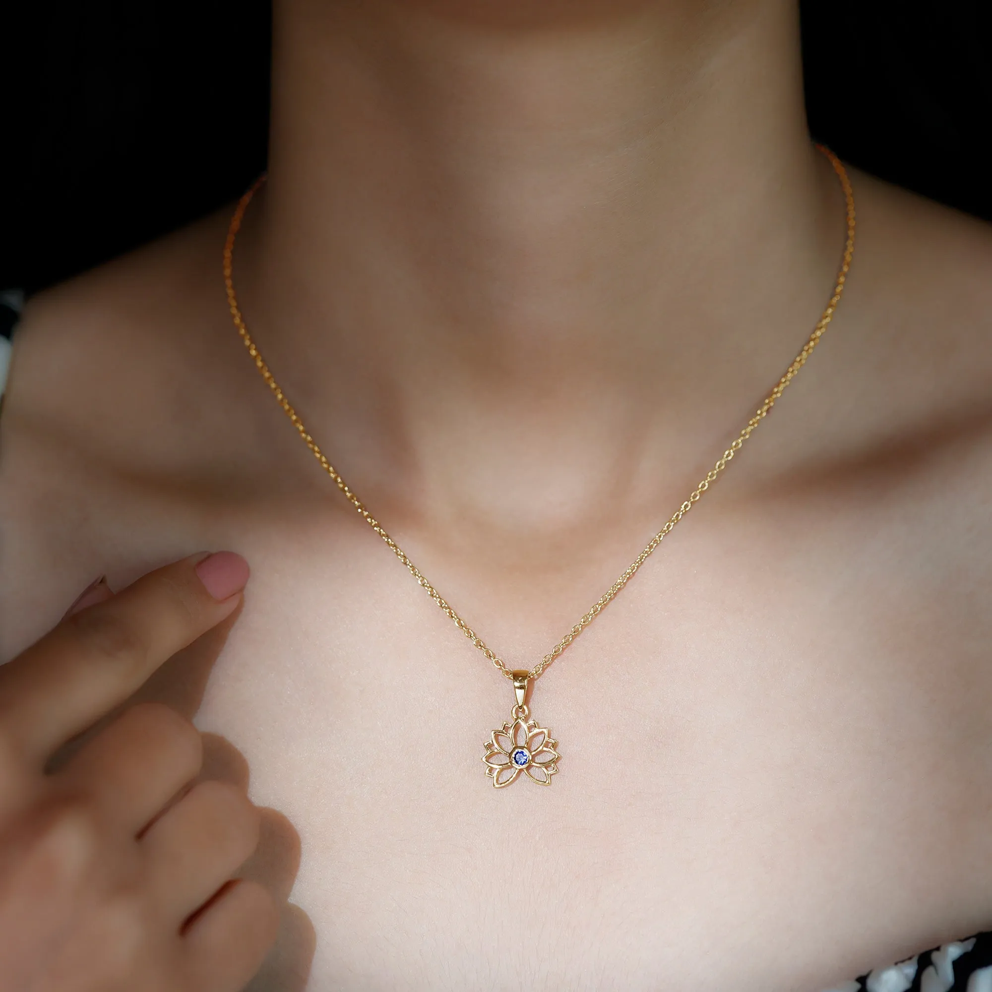 Lab Grown Blue Sapphire Lotus Flower Necklace