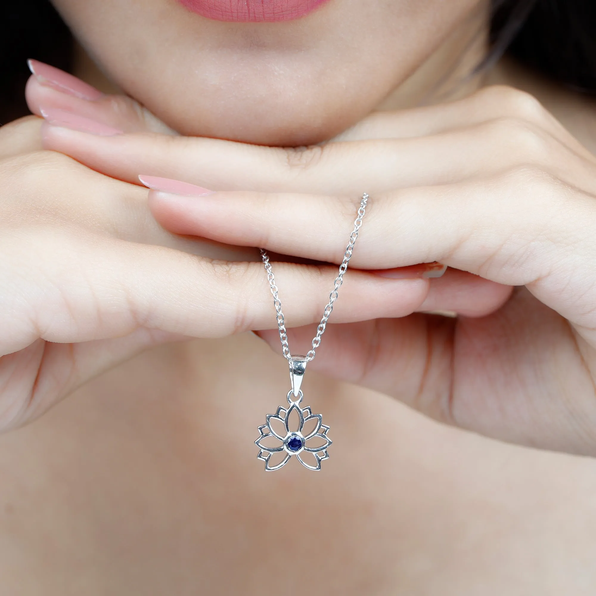 Lab Grown Blue Sapphire Lotus Flower Necklace