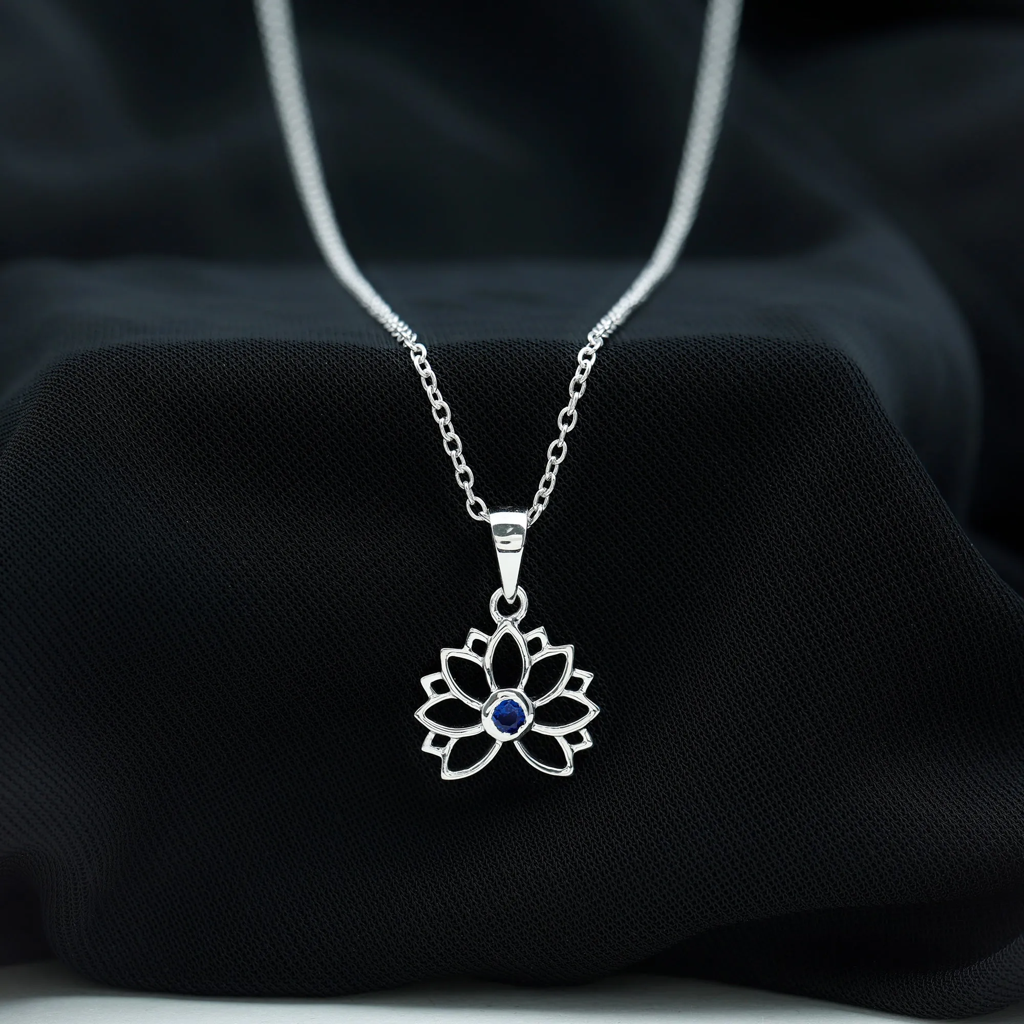 Lab Grown Blue Sapphire Lotus Flower Necklace