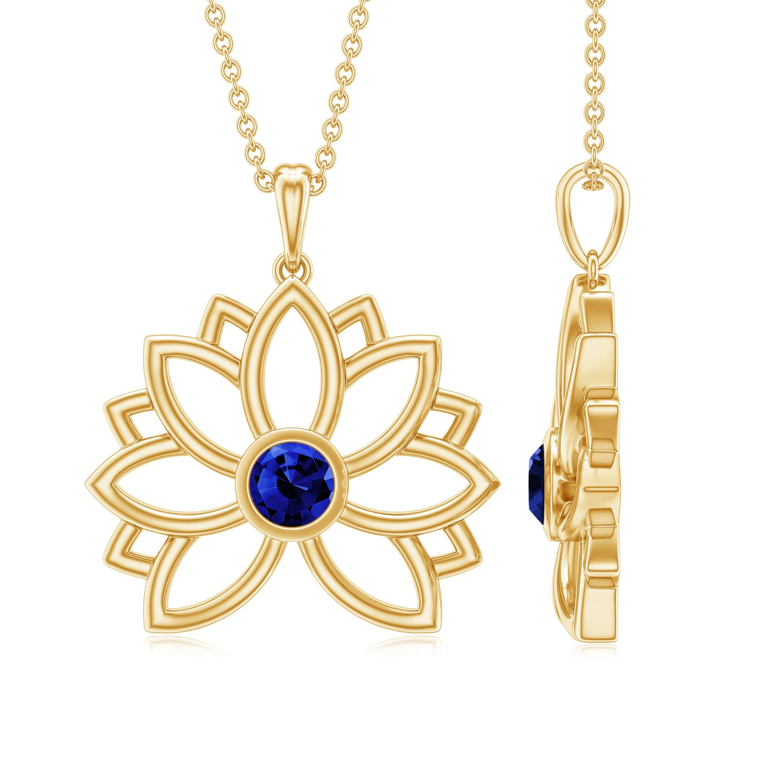 Lab Grown Blue Sapphire Lotus Flower Necklace