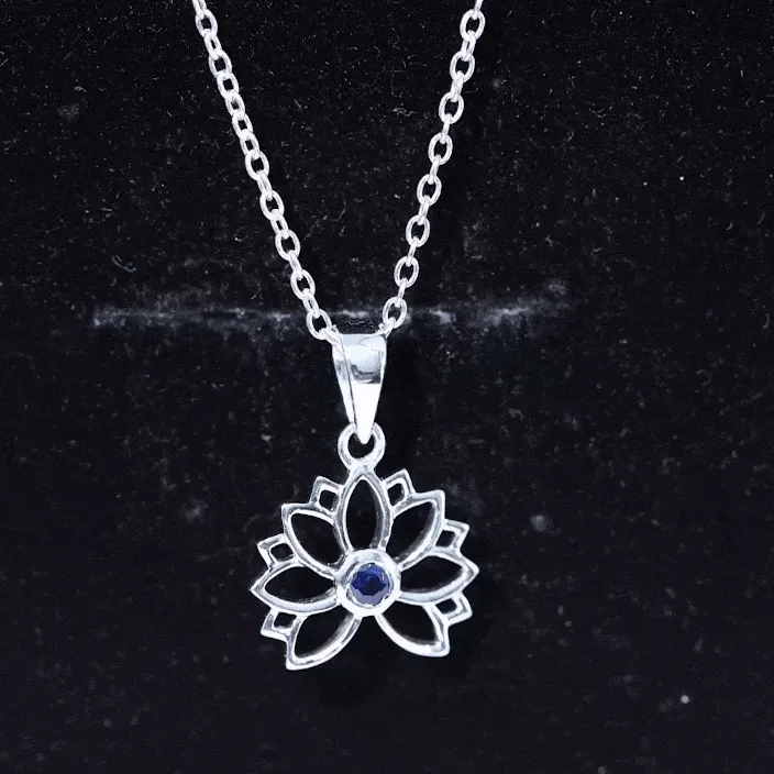 Lab Grown Blue Sapphire Lotus Flower Necklace