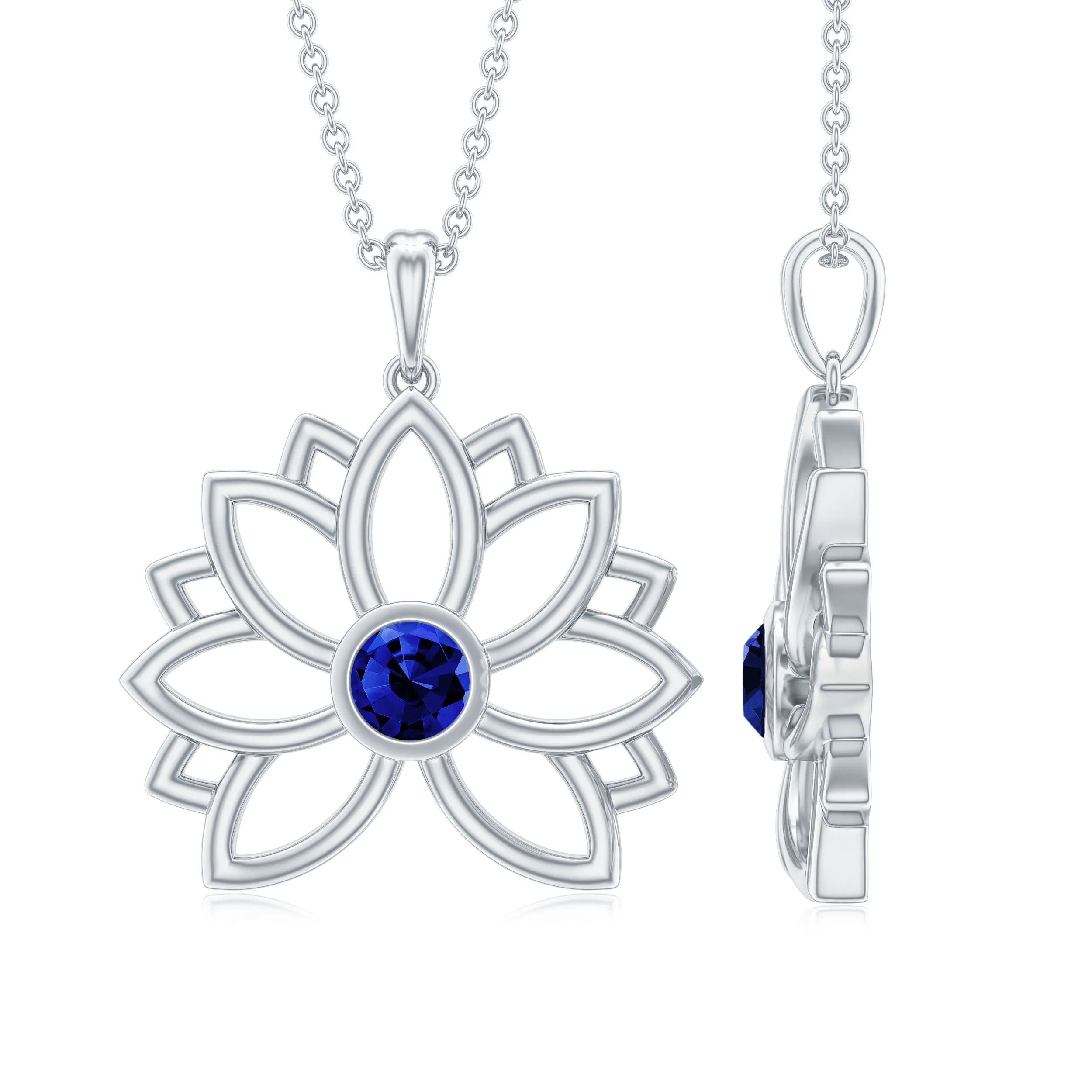 Lab Grown Blue Sapphire Lotus Flower Necklace