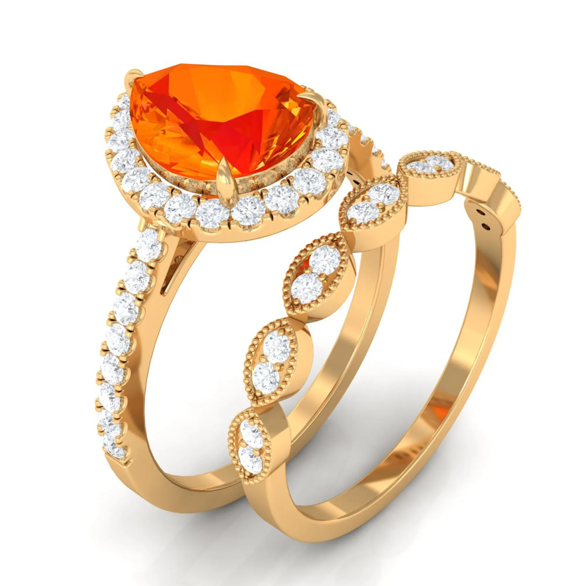 Lab Grown Orange Sapphire Teardrop Engagement Ring Set