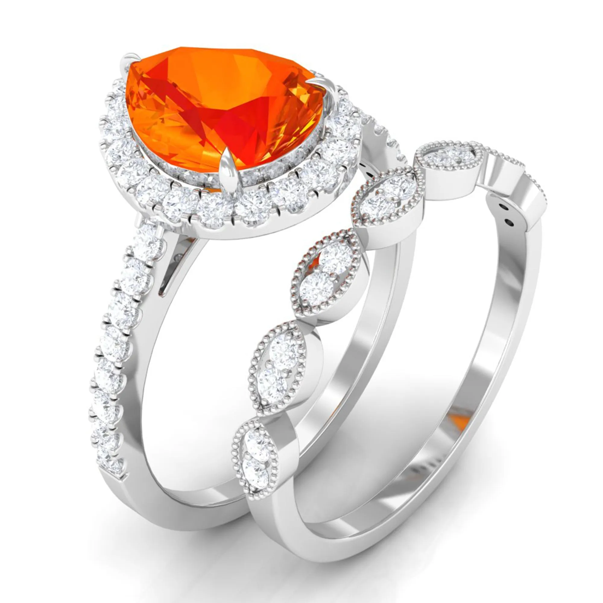 Lab Grown Orange Sapphire Teardrop Engagement Ring Set