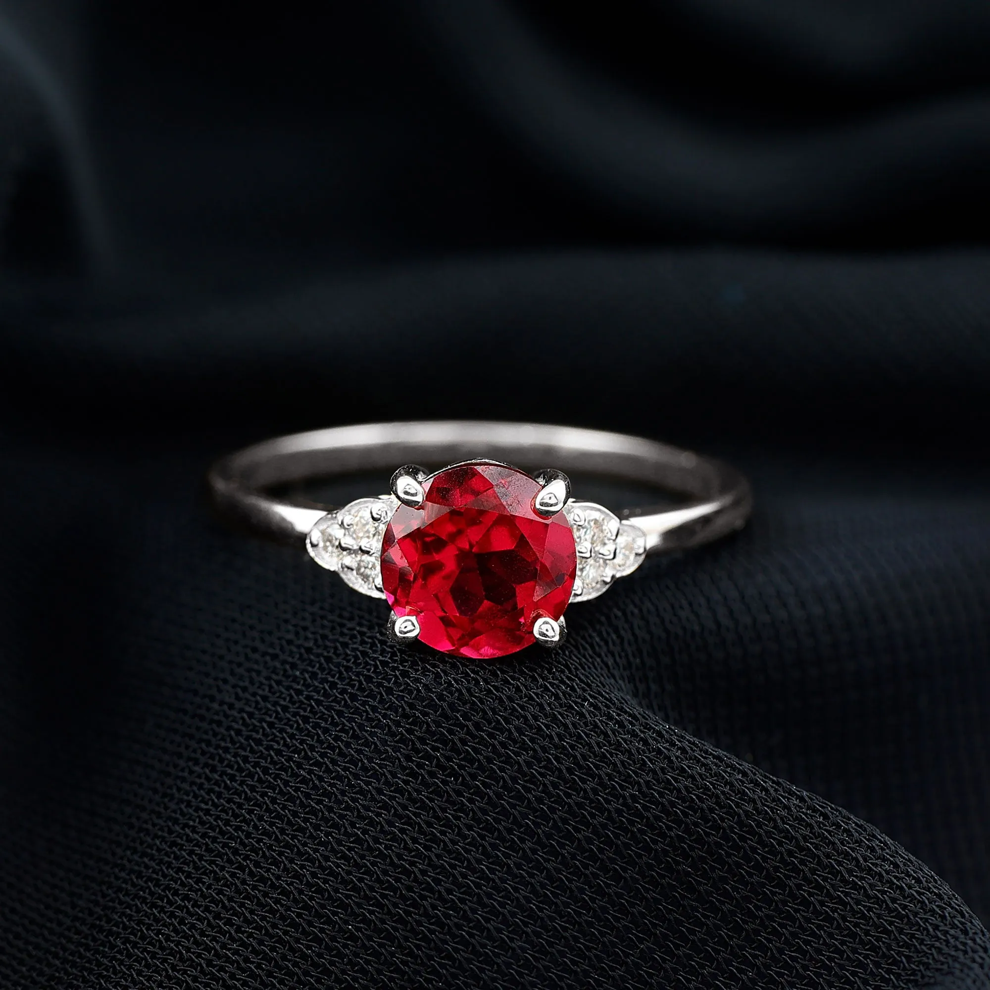 Lab Grown Ruby Solitaire Engagement Ring with Diamond Trio