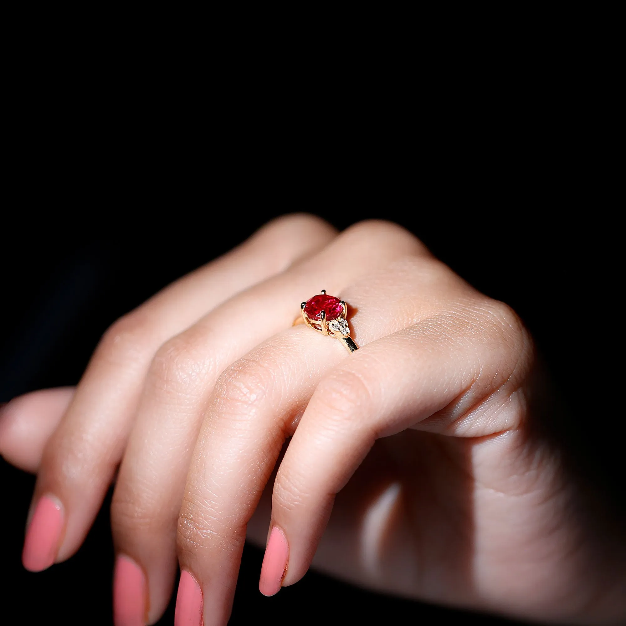 Lab Grown Ruby Solitaire Engagement Ring with Diamond Trio