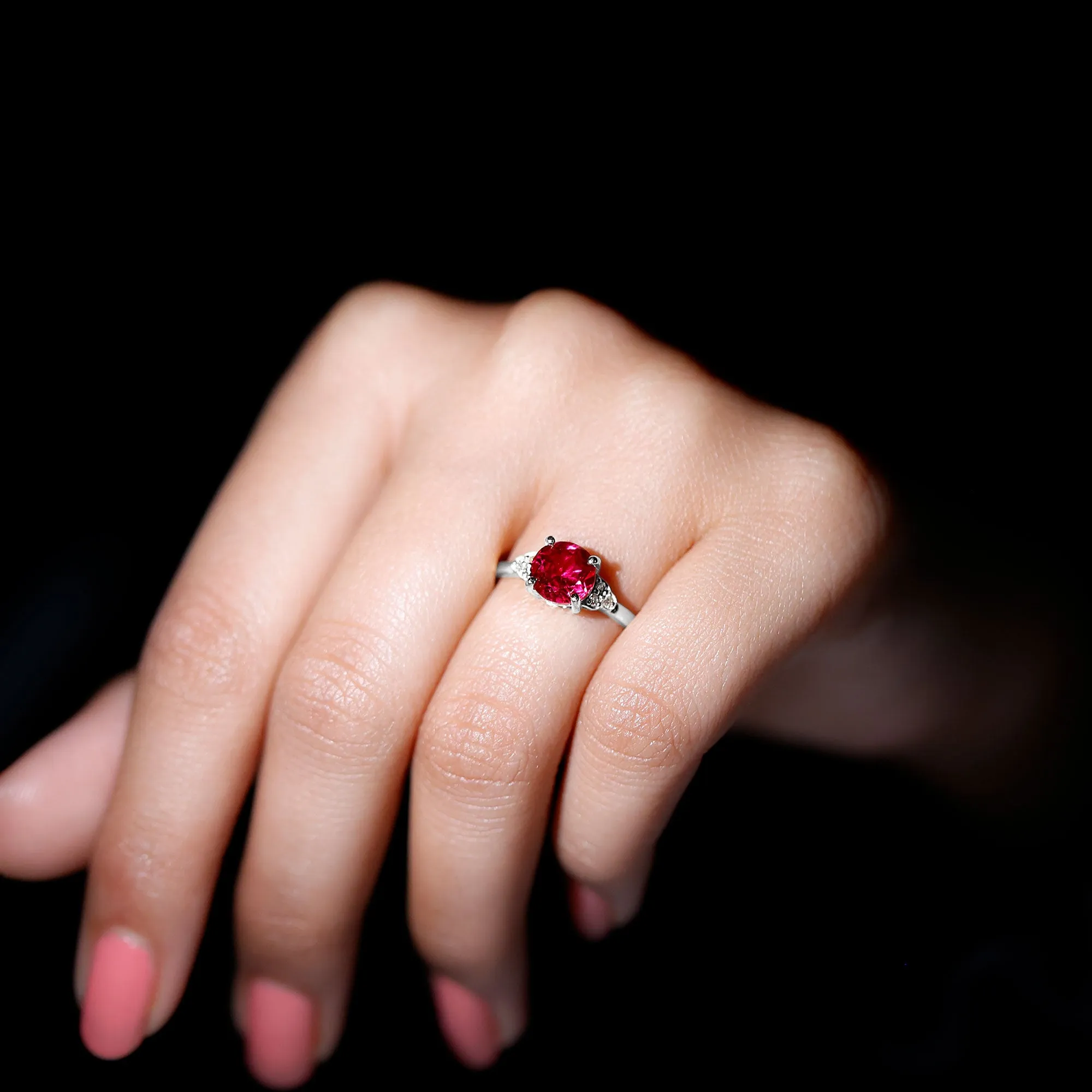 Lab Grown Ruby Solitaire Engagement Ring with Diamond Trio