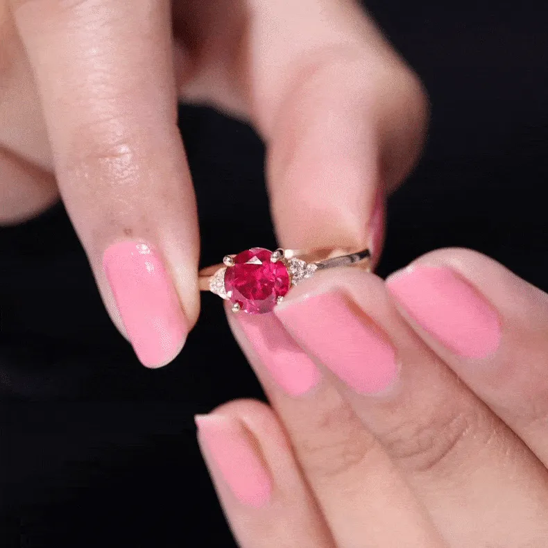 Lab Grown Ruby Solitaire Engagement Ring with Diamond Trio