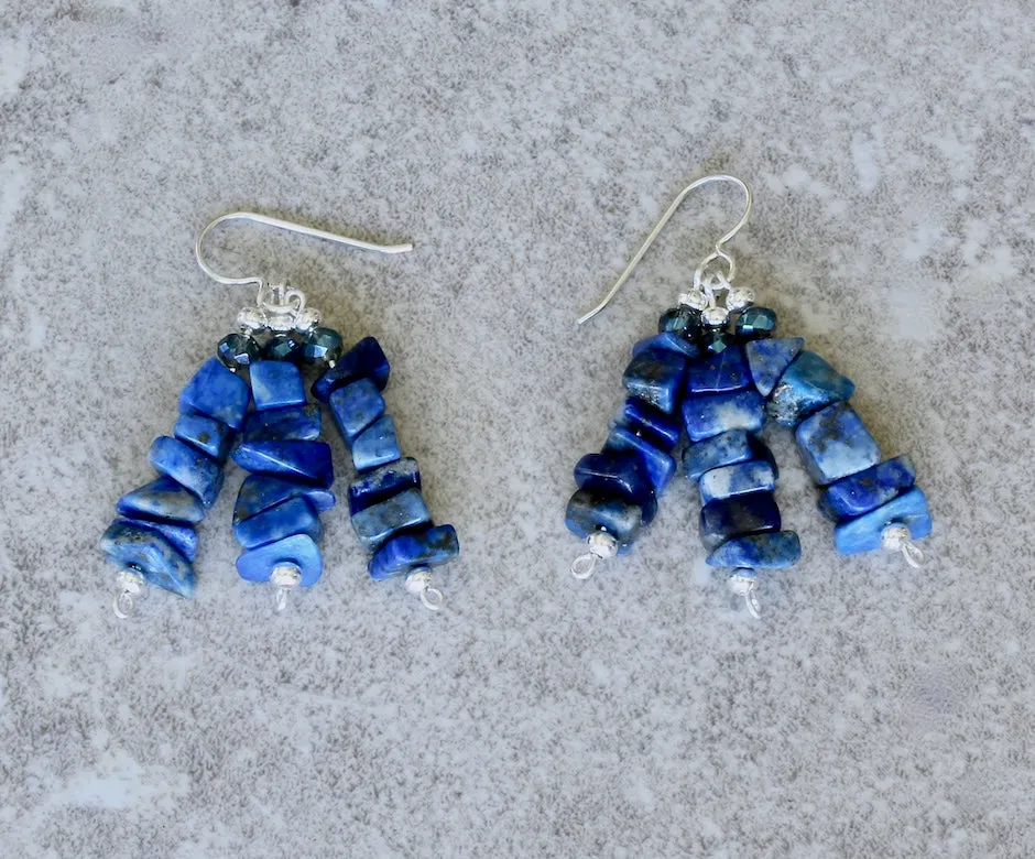 Lapis Lazuli Nugget 3-Dangle Earrings with Tanzanite Crystal Faceted Rounds and Sterling Silver Earring Wires