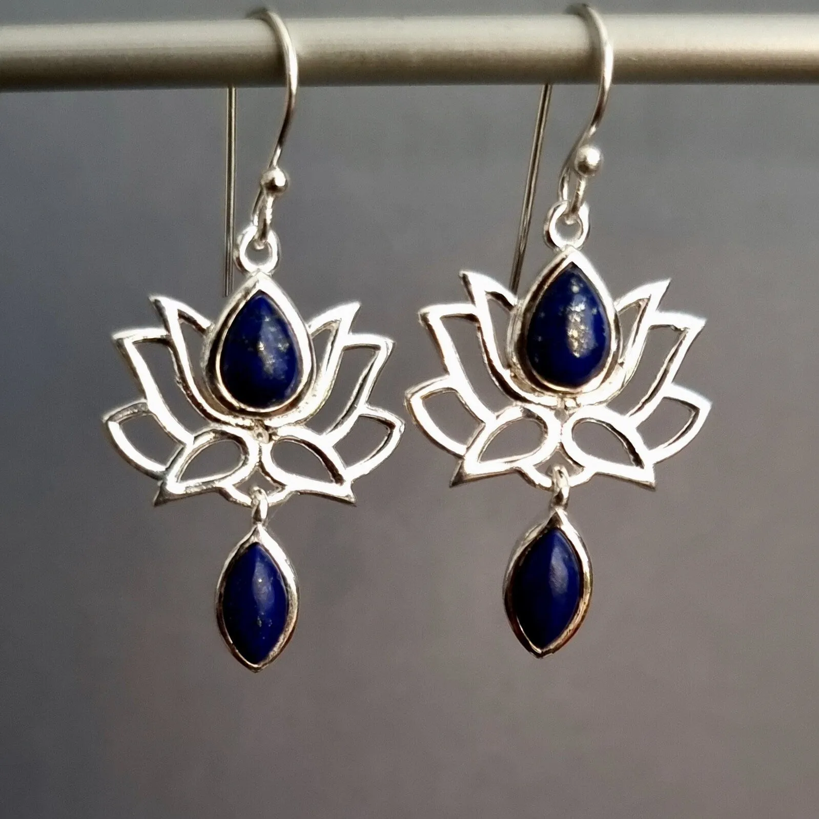 Lapis Lazuli Sterling Silver Lotus Flower Earrings, E64LL