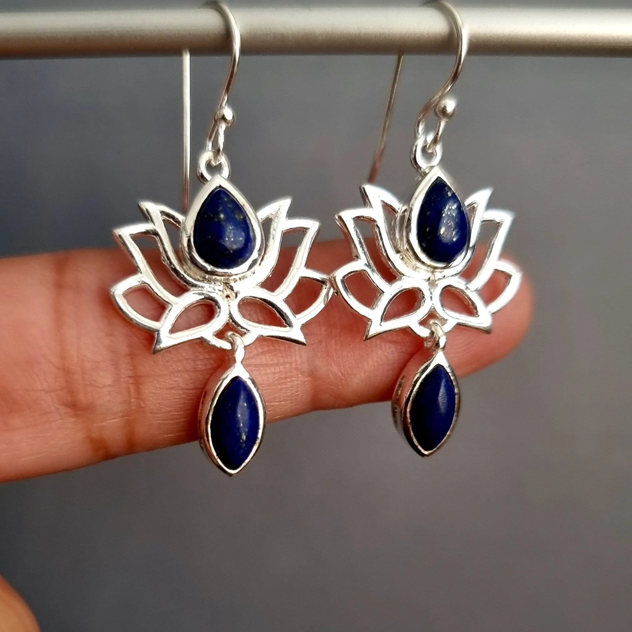 Lapis Lazuli Sterling Silver Lotus Flower Earrings, E64LL