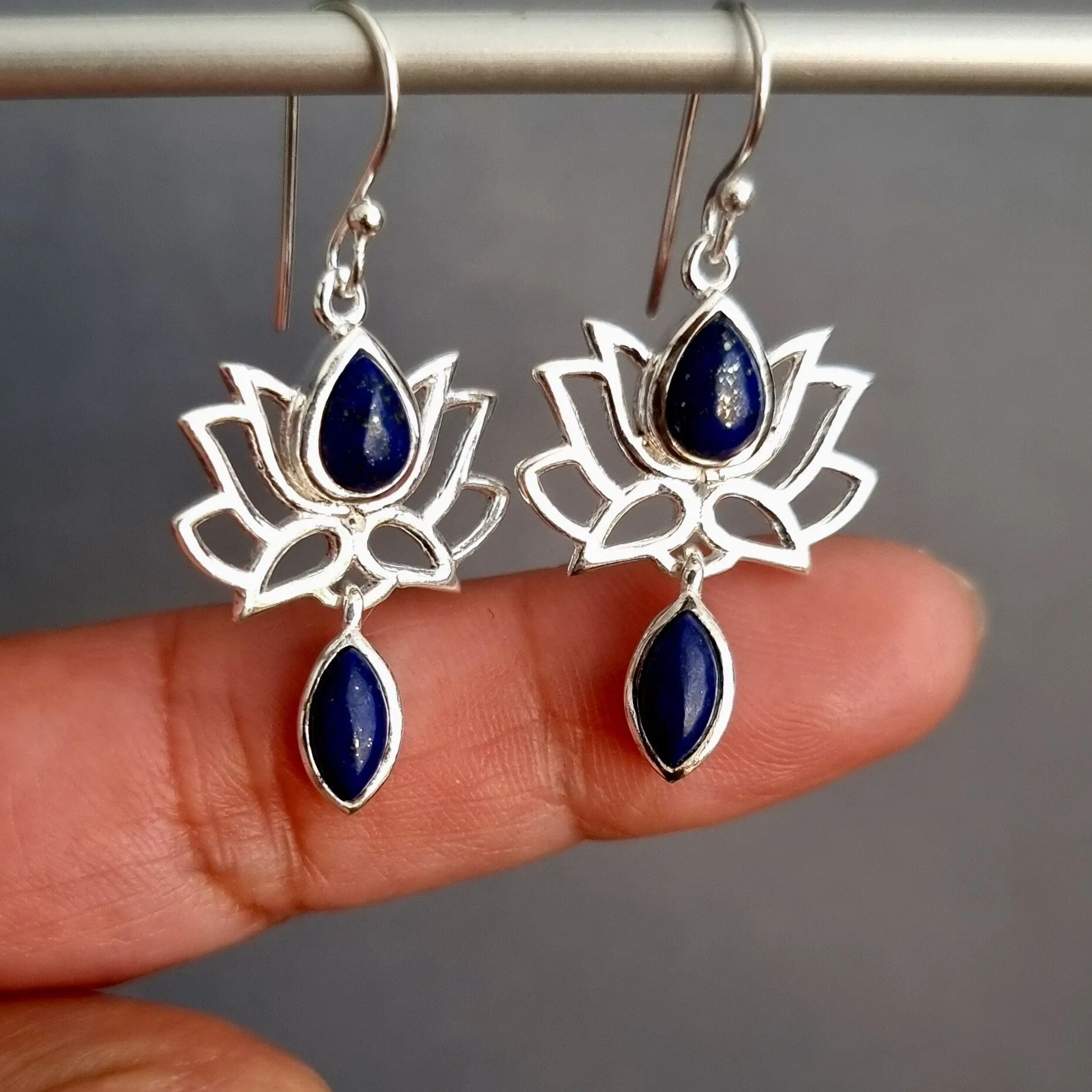 Lapis Lazuli Sterling Silver Lotus Flower Earrings, E64LL