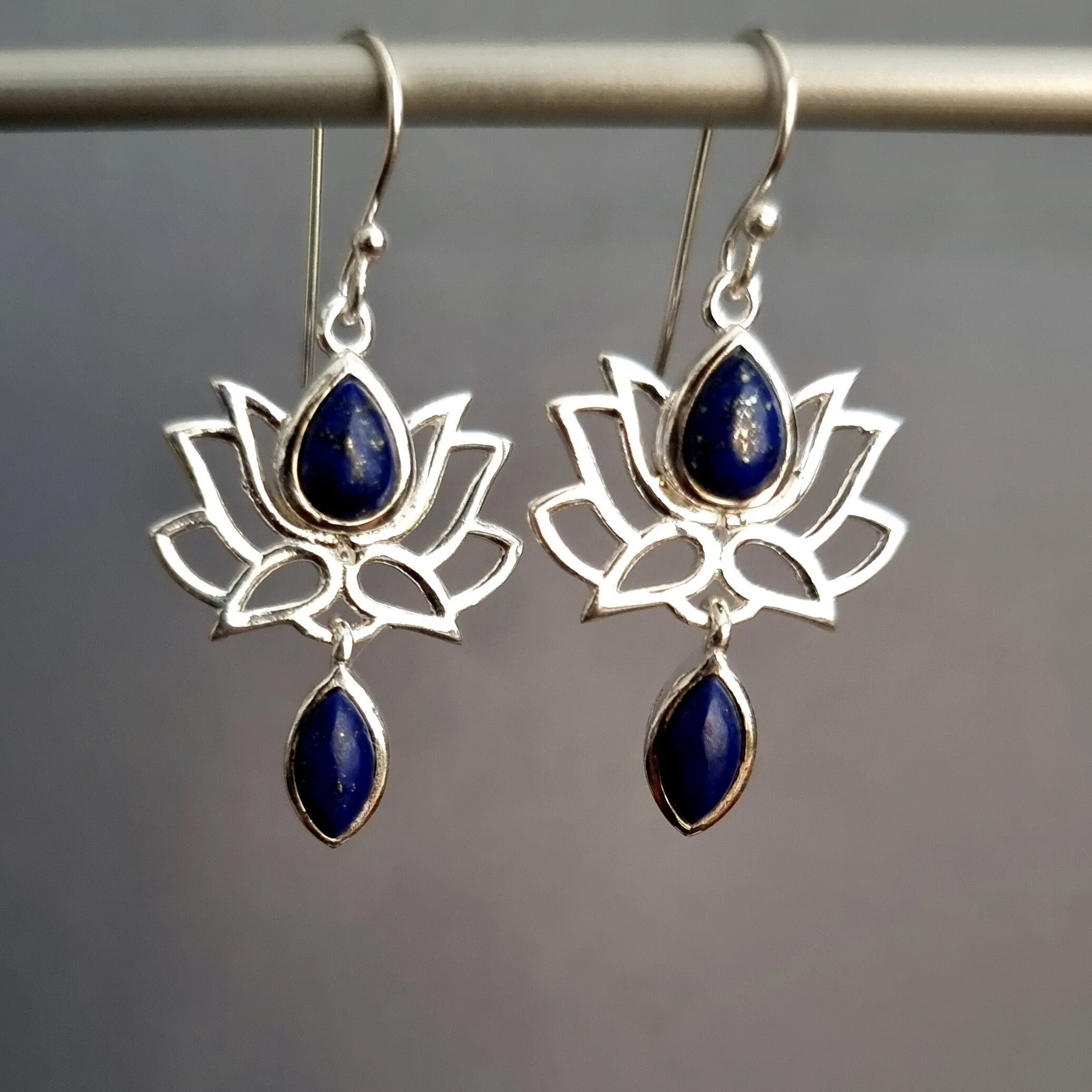 Lapis Lazuli Sterling Silver Lotus Flower Earrings, E64LL