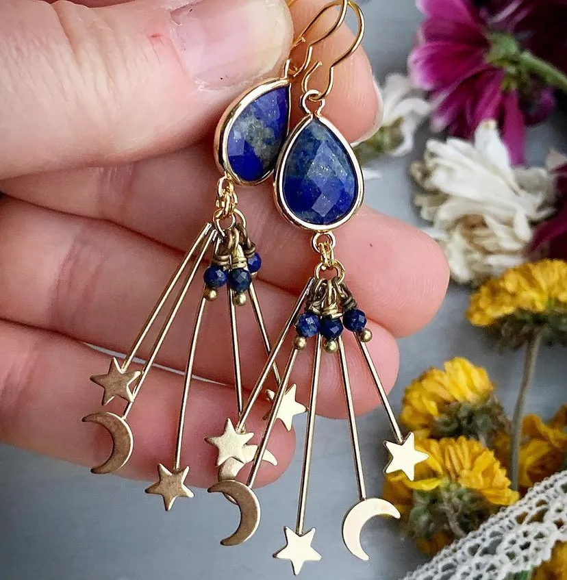 Lapis lazuli stone, moon and stars charms, gold metal, earrings, jewelry