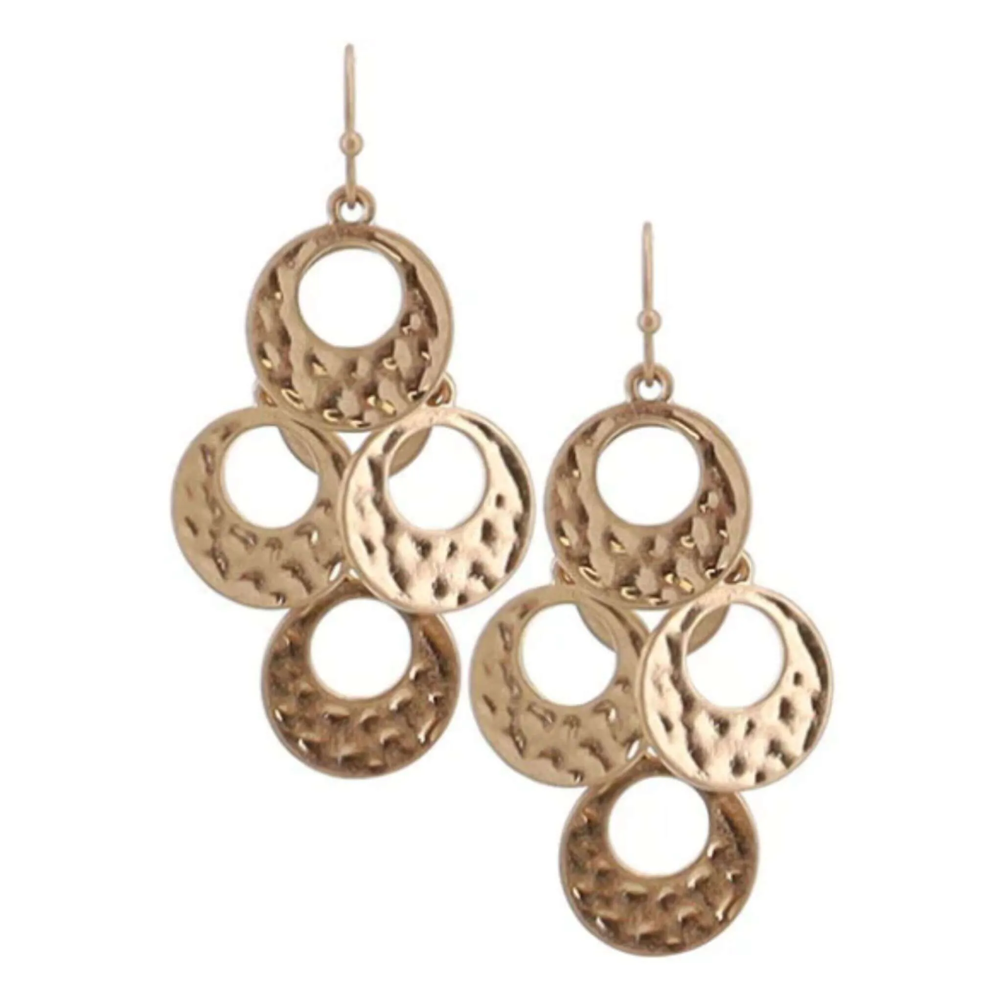 Layered Worn Gold Hammered Disc Chandelier Earrings