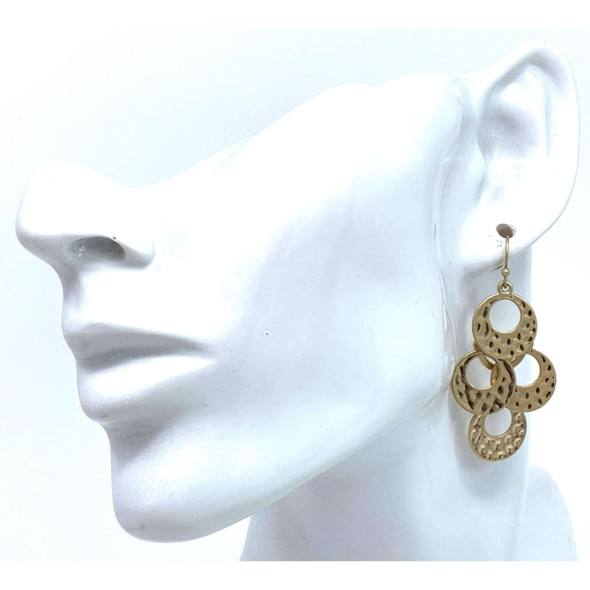 Layered Worn Gold Hammered Disc Chandelier Earrings