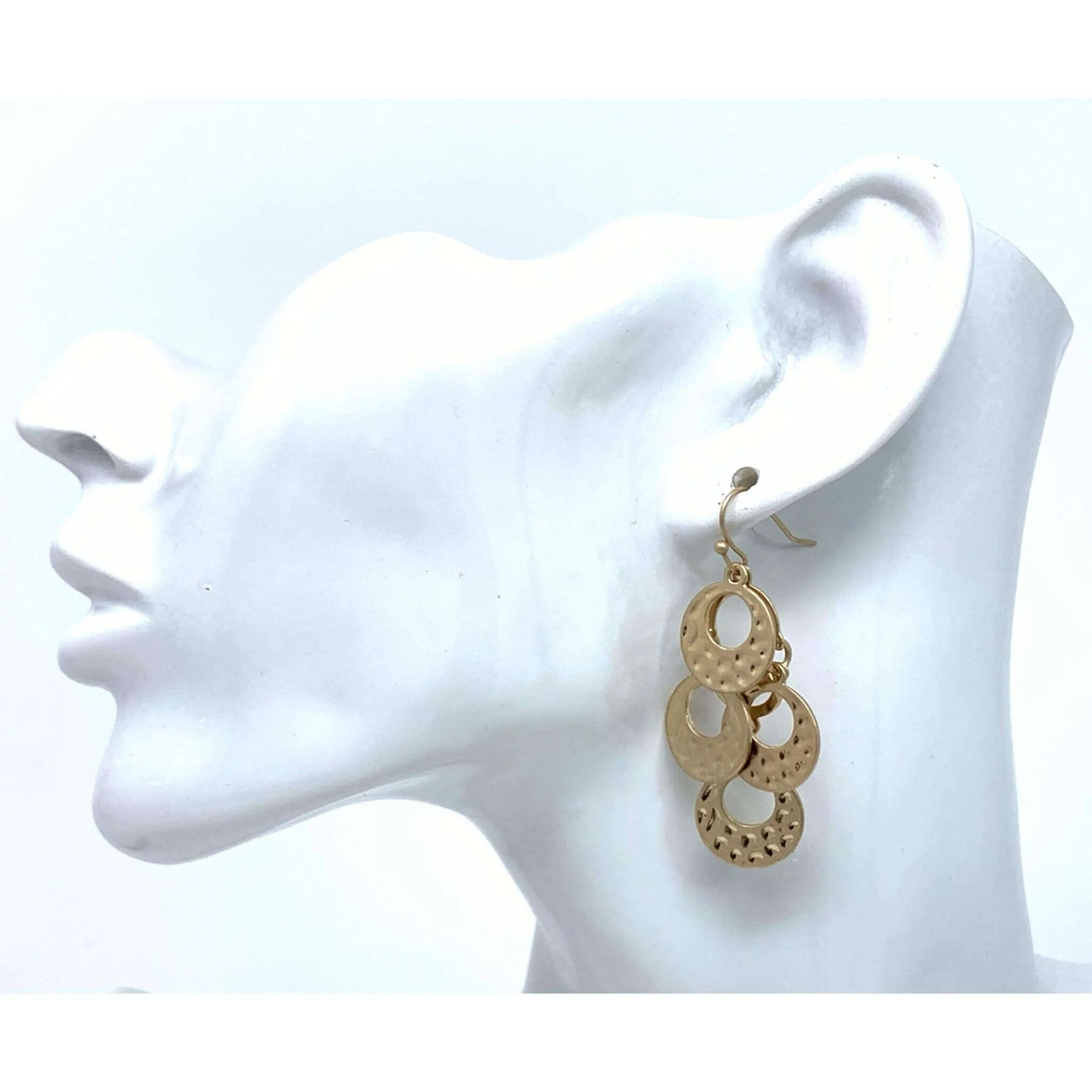 Layered Worn Gold Hammered Disc Chandelier Earrings