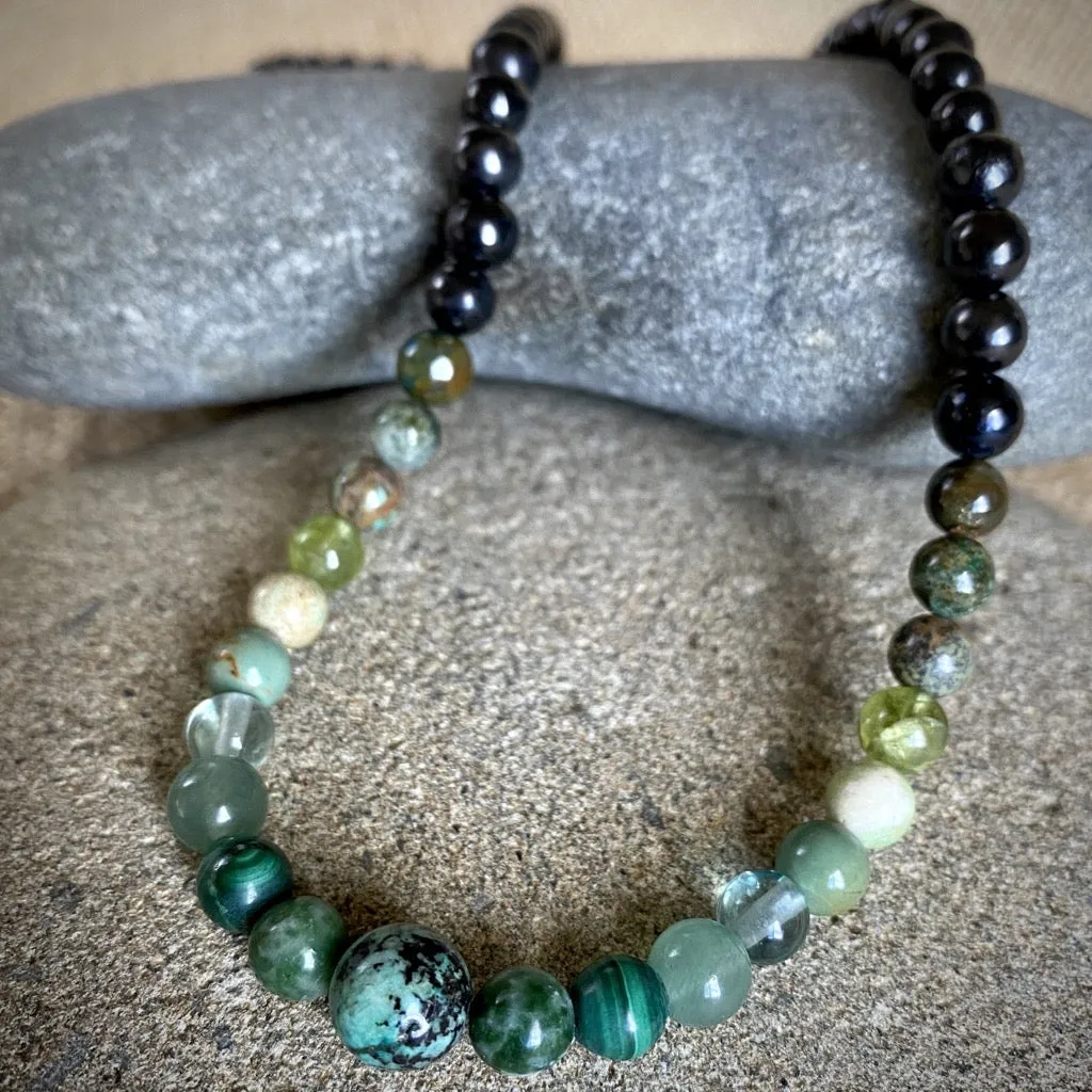 Long Shungite Necklace, Green Gemstones, Heart Chakra, Earth