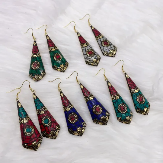 Long Tibetan Earrings, Statement Jewelry, Ethnic Jewelry, Dangle Earrings, Tribal Fusion Earring, Boho Style, Women Jewelry