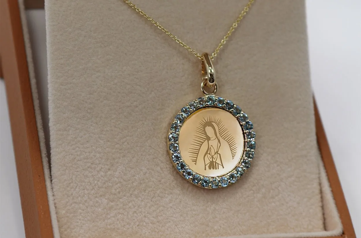 Medal Our Lady of Guadalupe | Virgen de Guadalupe Gold & Aquamarine