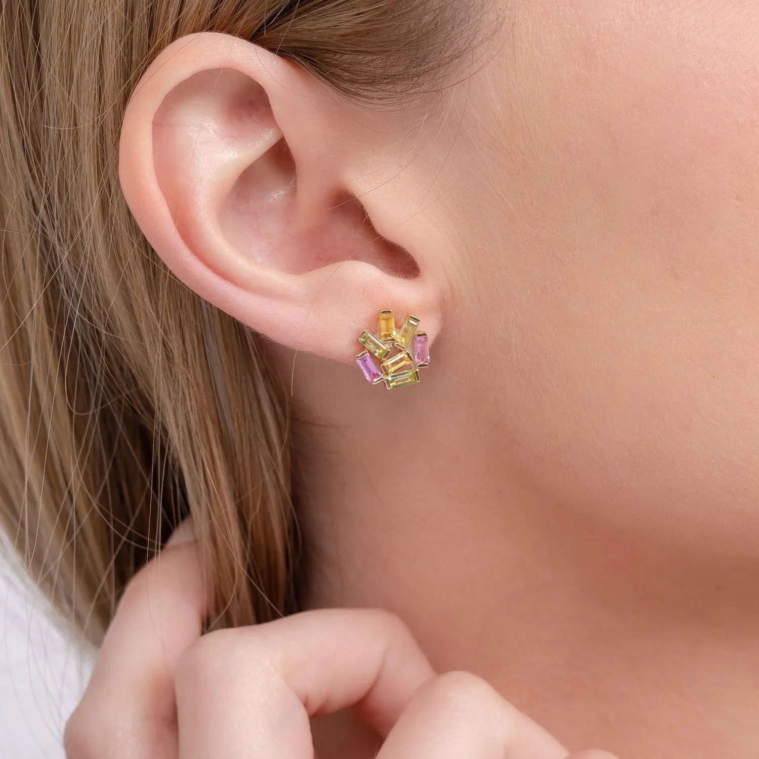 Medium Jubilation Studs: Peridot, Pink and Yellow Sapphire