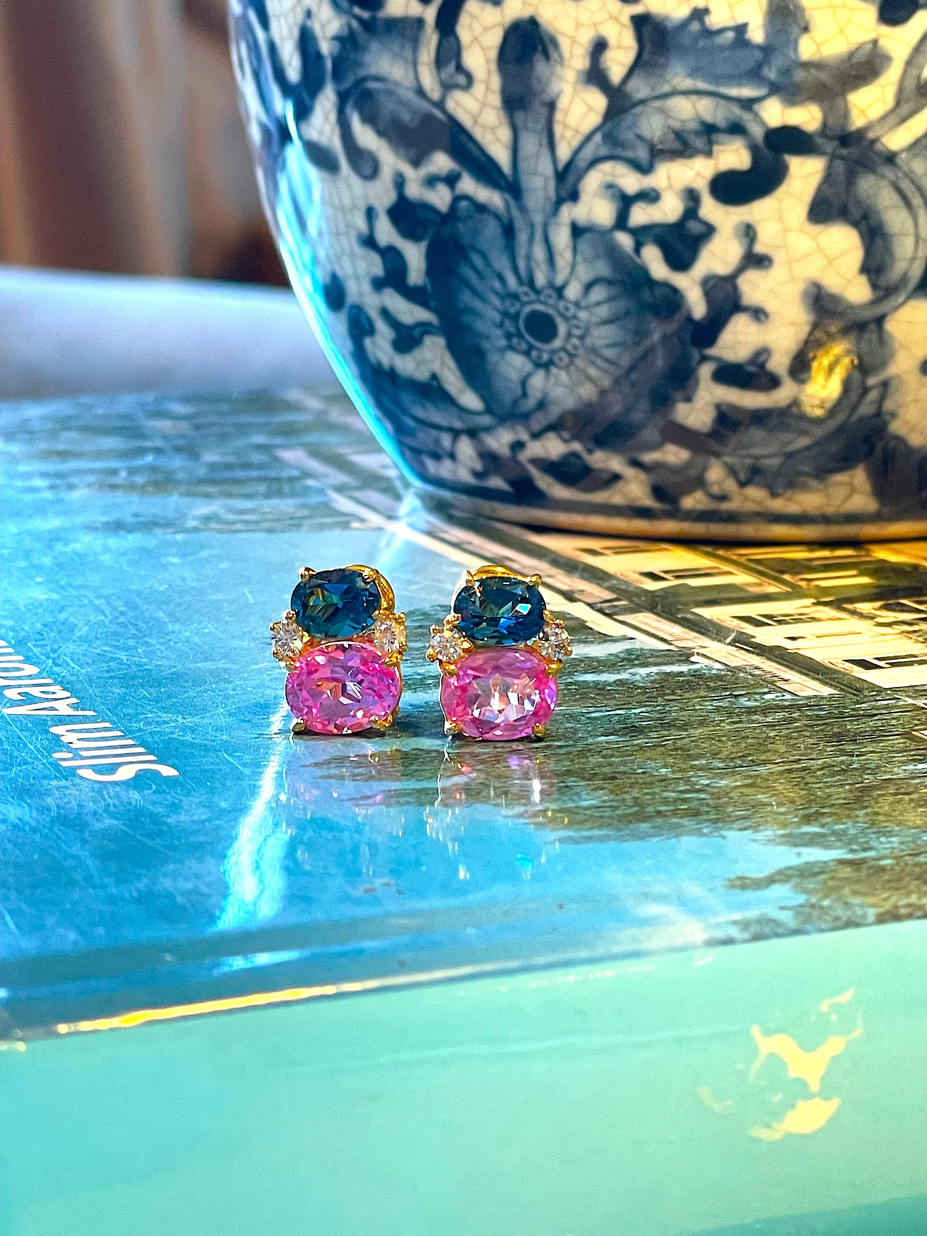 Mini GUM DROP™ Earrings with Blue Topaz and Pink Topaz and Diamonds