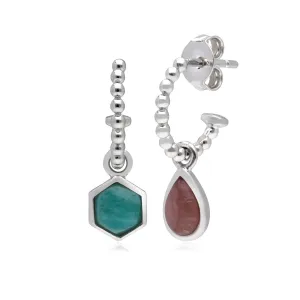 Mini Statement Rhodochrosit & Amazonite Asymmetrische Creolen in 925 Sterling Silber