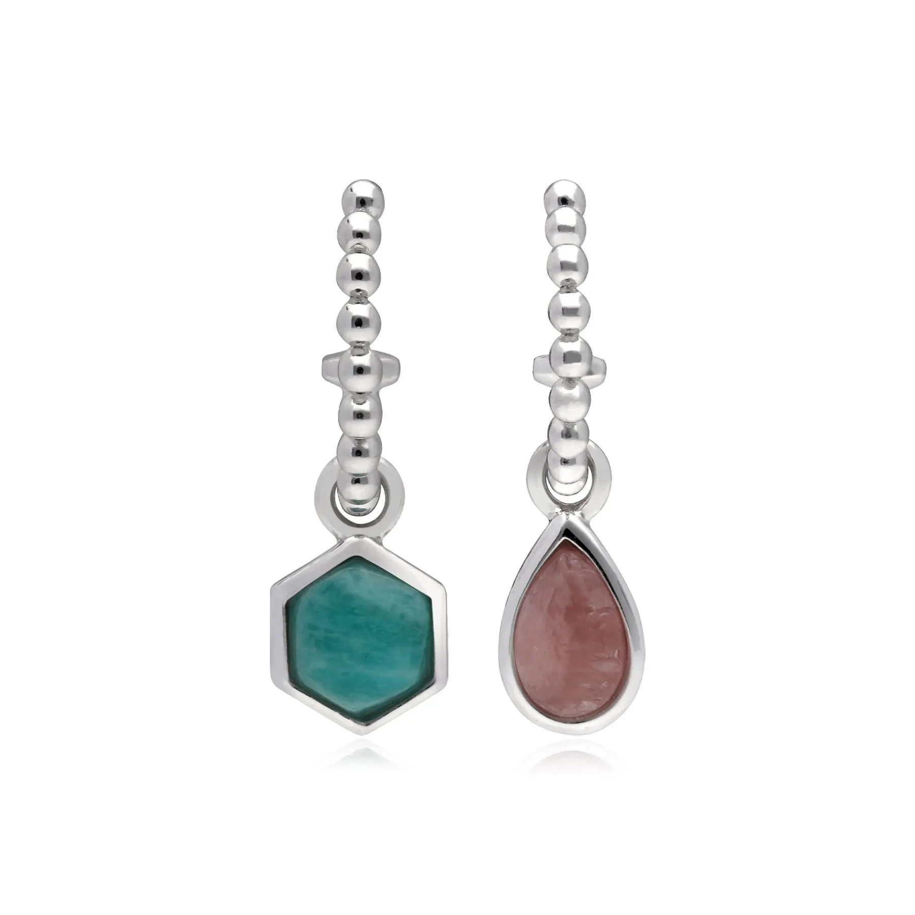 Mini Statement Rhodochrosit & Amazonite Asymmetrische Creolen in 925 Sterling Silber