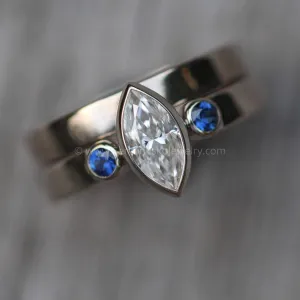 Moissanite Marquise and Dark Blue Sapphire  Palladium White Gold Vintage Inspired Engagement and Wedding Ring Set - Hand Made - Nickel Free