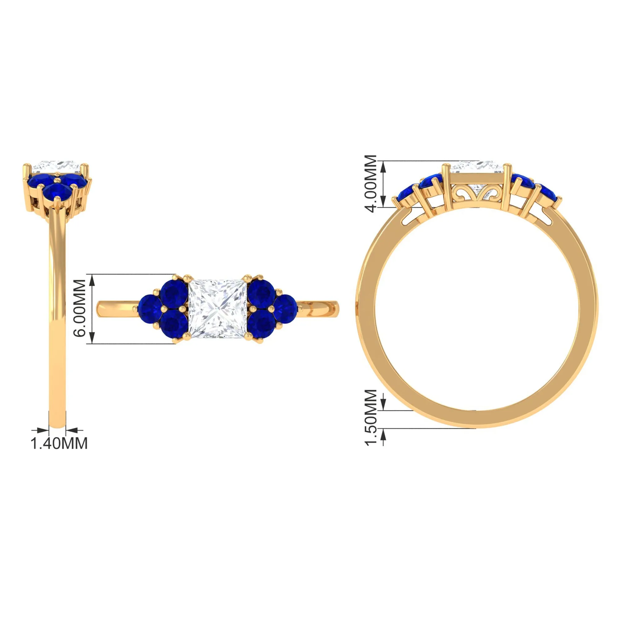 Moissanite Princess Cut Engagement Ring With Lab Grown Blue Sapphire Side Stone