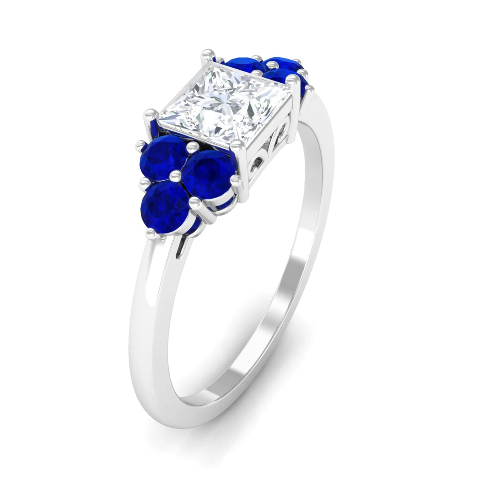 Moissanite Princess Cut Engagement Ring With Lab Grown Blue Sapphire Side Stone