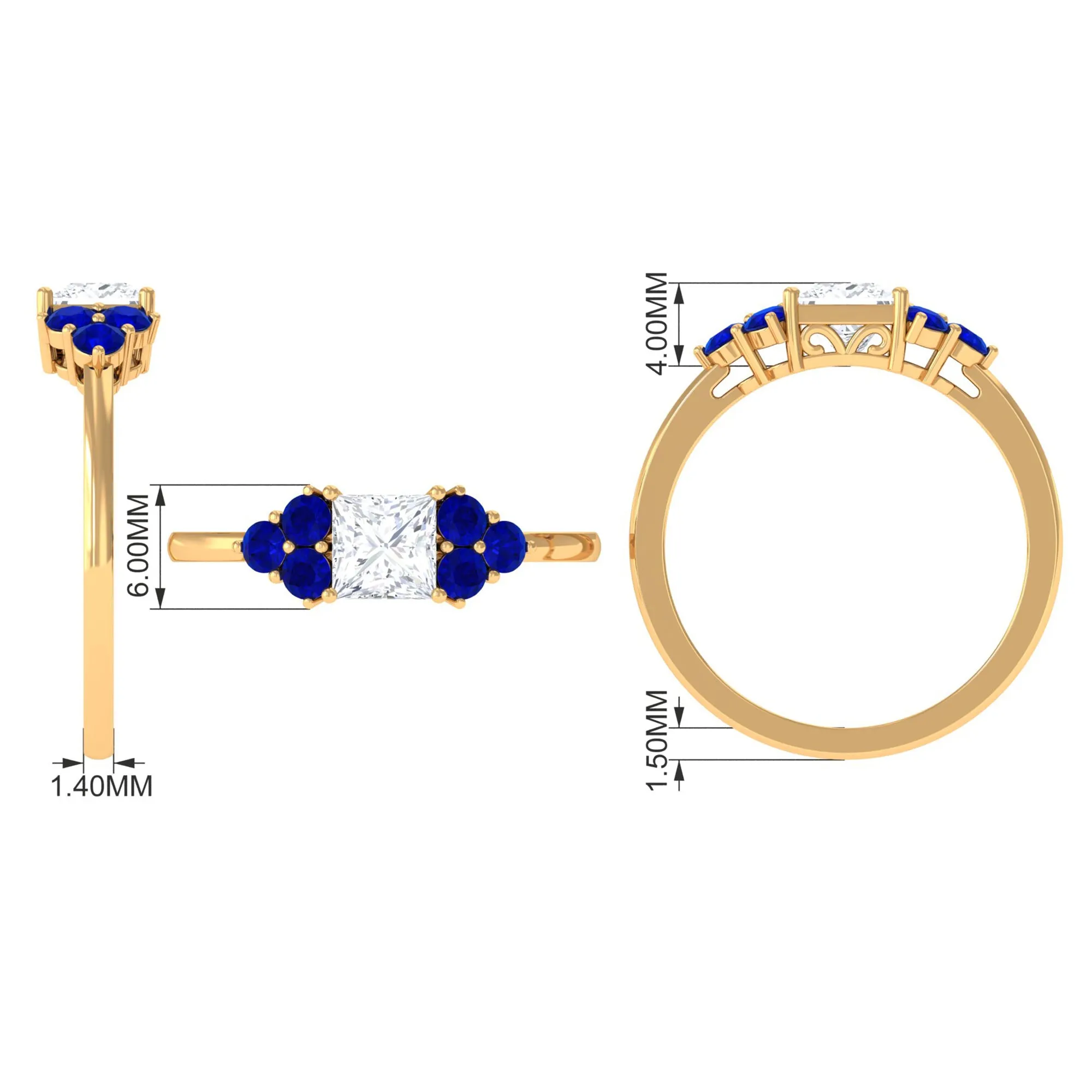 Moissanite Princess Cut Engagement Ring With Lab Grown Blue Sapphire Side Stone