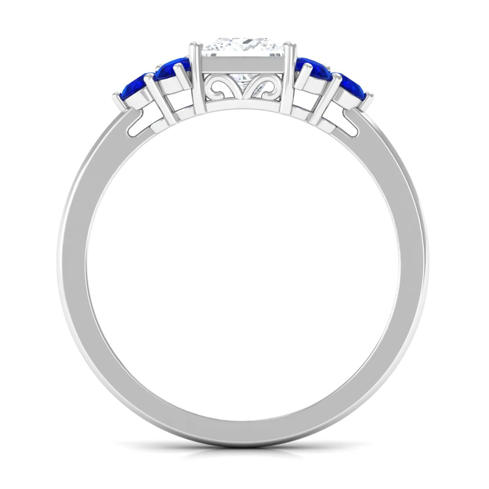 Moissanite Princess Cut Engagement Ring With Lab Grown Blue Sapphire Side Stone