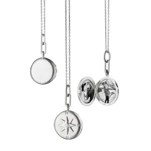 Monica Rich Kosann Sterling Silver Round Compass Locket Necklace with White Sapphire