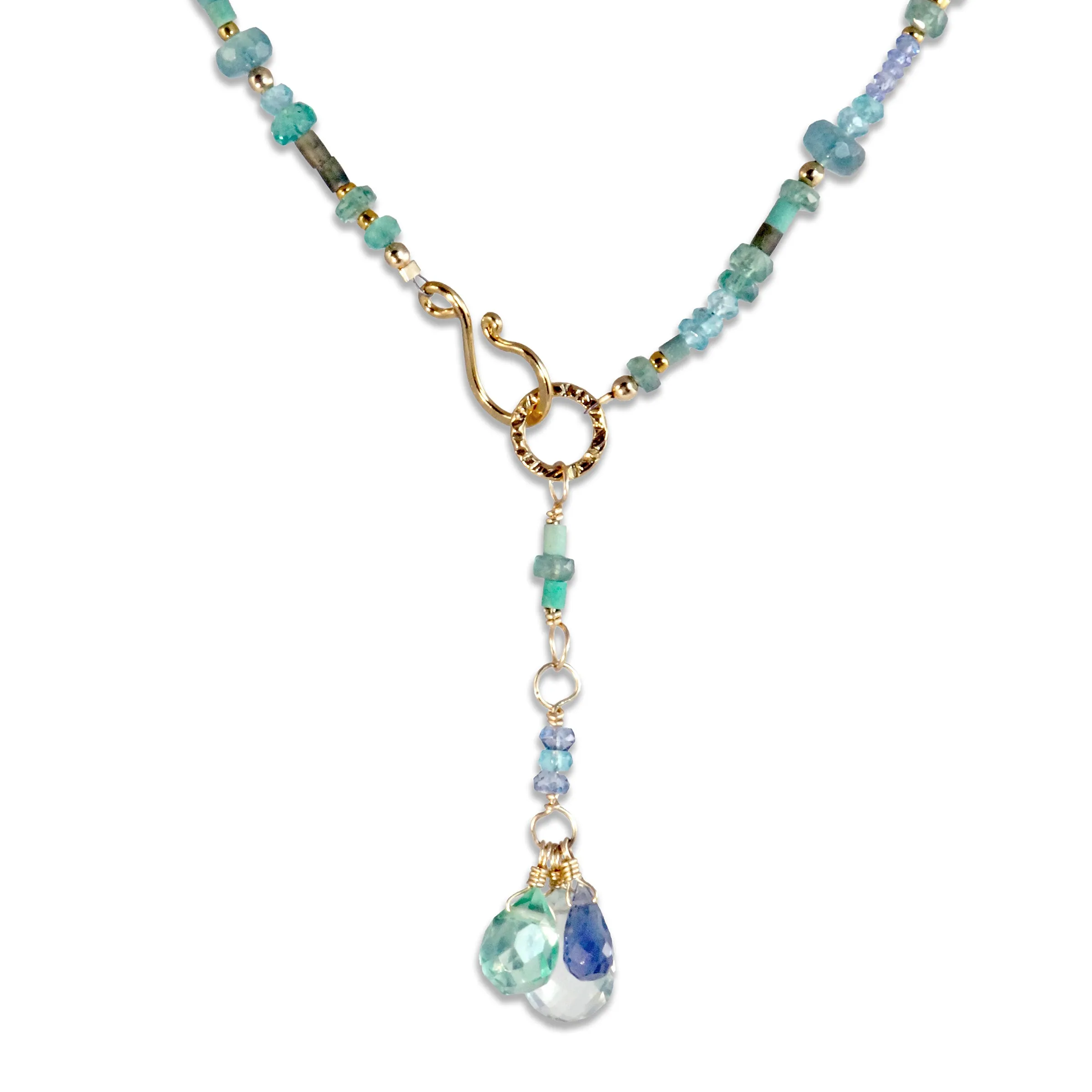 Multi Gemstone Gold Necklace with Green Amethyst, Emerald, Apatite, Tanzanite