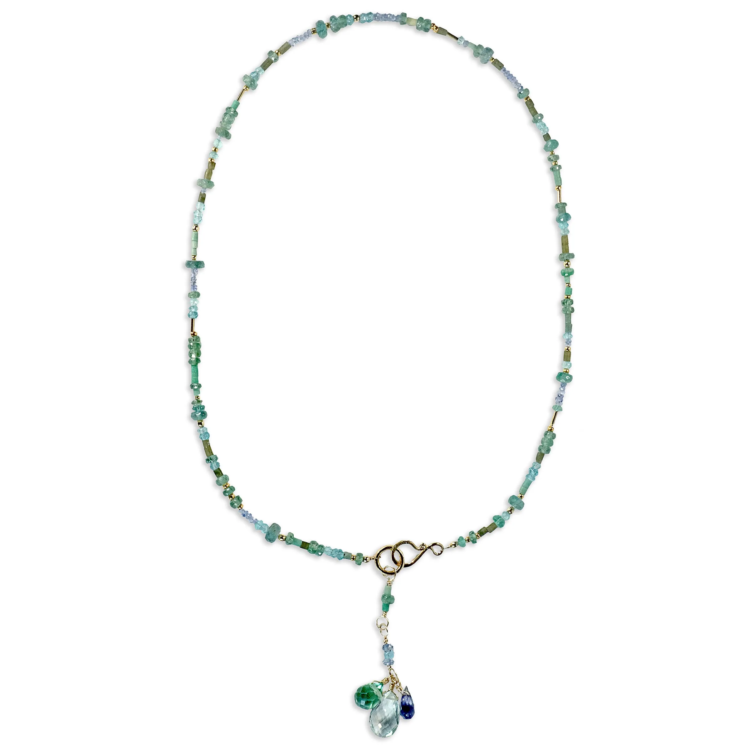 Multi Gemstone Gold Necklace with Green Amethyst, Emerald, Apatite, Tanzanite