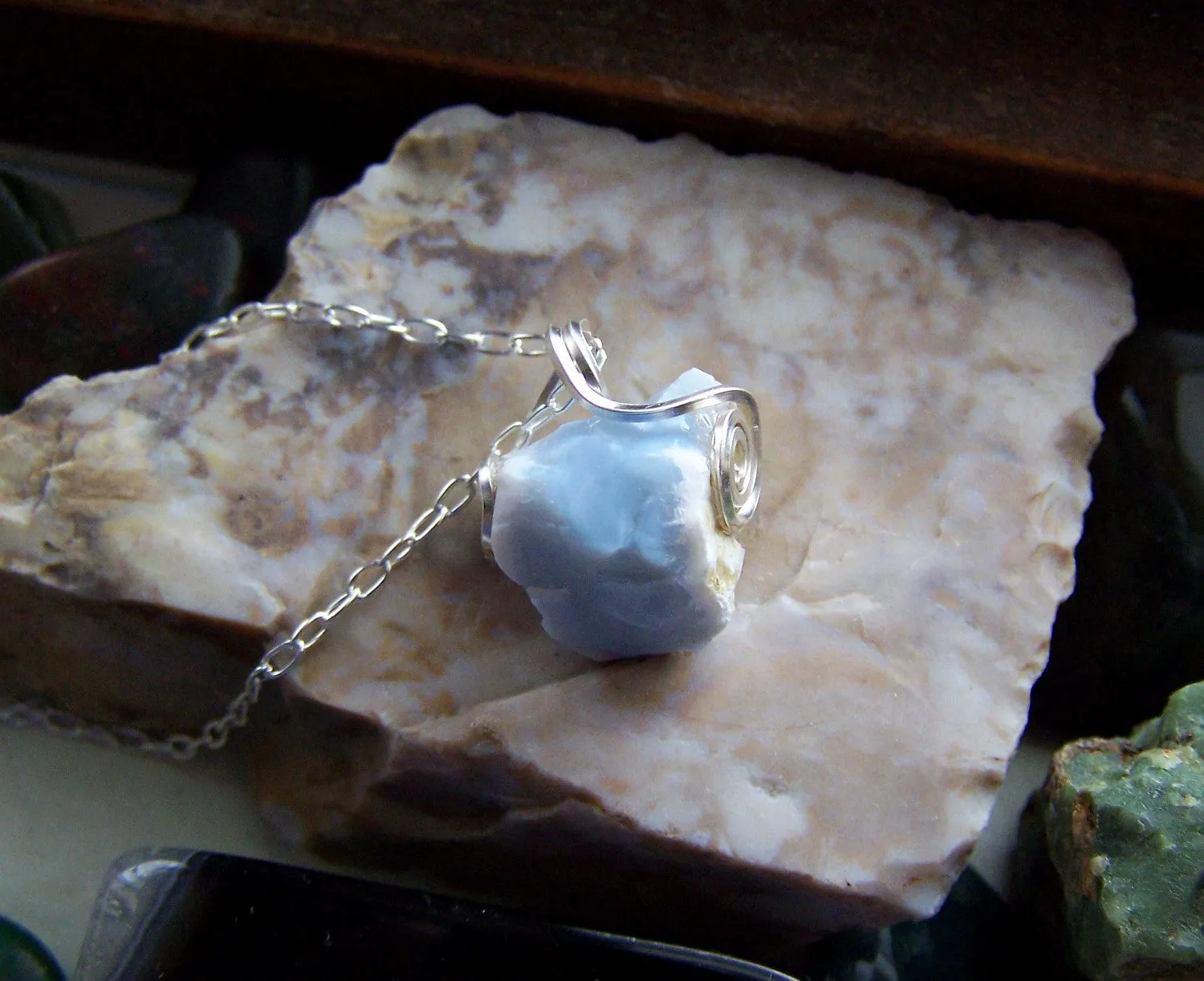 Natural Blue Opal Raw Gemstone Pendant Necklace