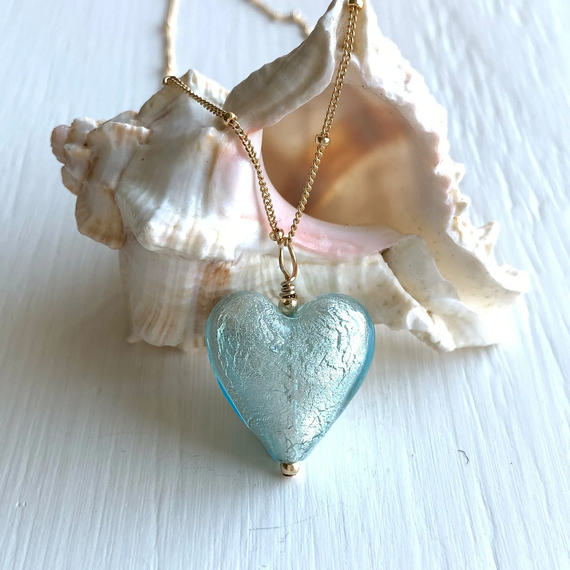 Necklace with aqua (blue) Murano glass medium heart pendant on gold satellite chain