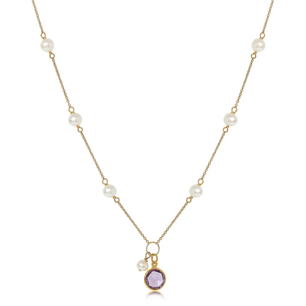 Nova fine chain necklace with cultured freshwater pearls & amethyst drop