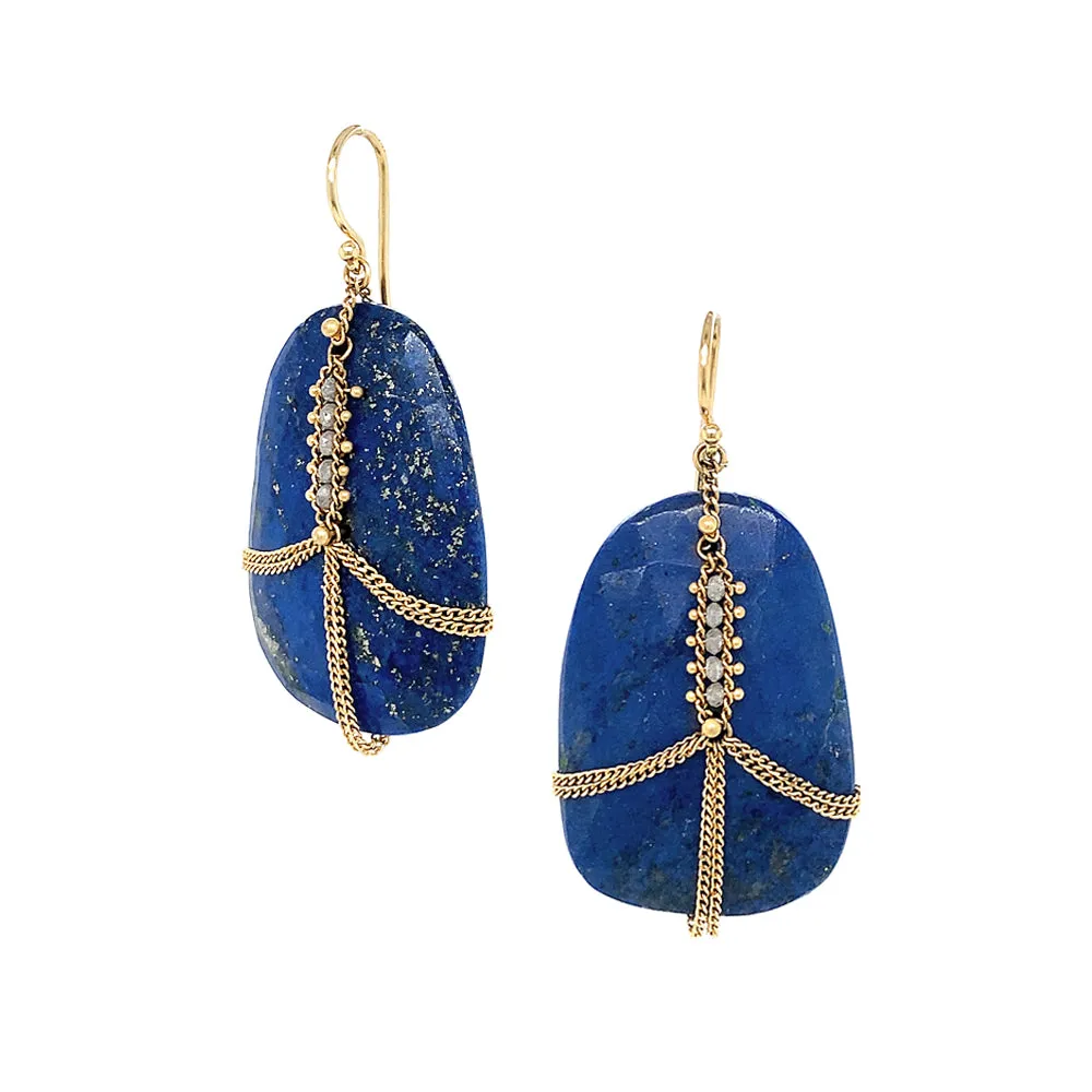 One-of-a-Kind Lapis Lazuli & Silver Diamond Draped Earrings - "Arabian Night"