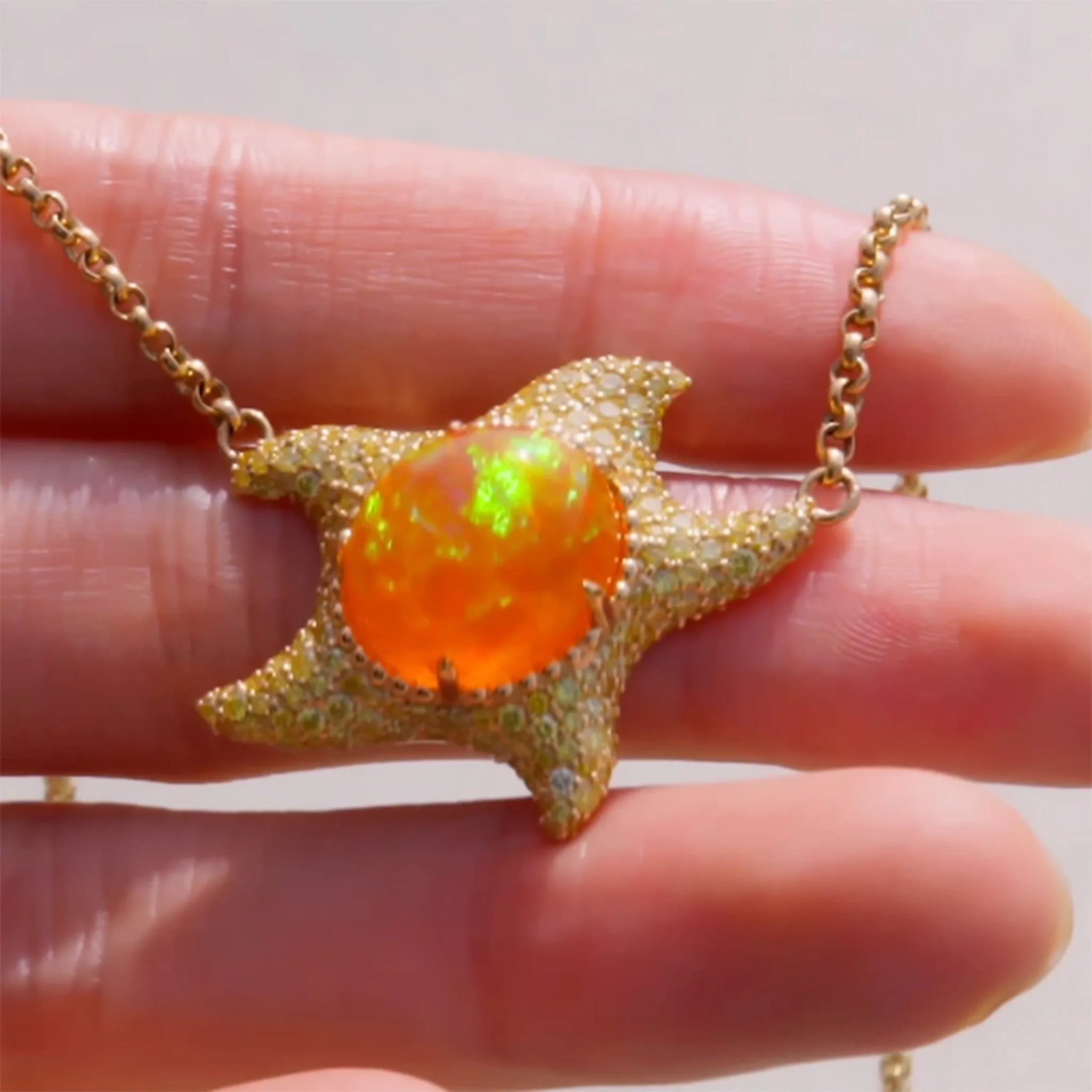 One of a Kind Mexican Fire Opal and Yellow Diamond Starfish Necklace