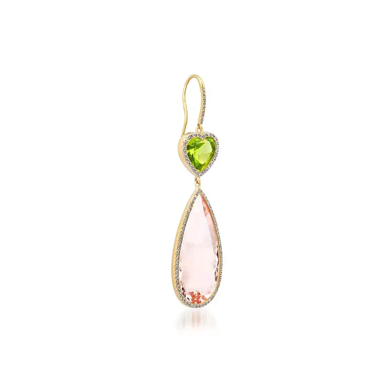 One-of-a-Kind Peridot Heart and Morganite Teardrop Earrings