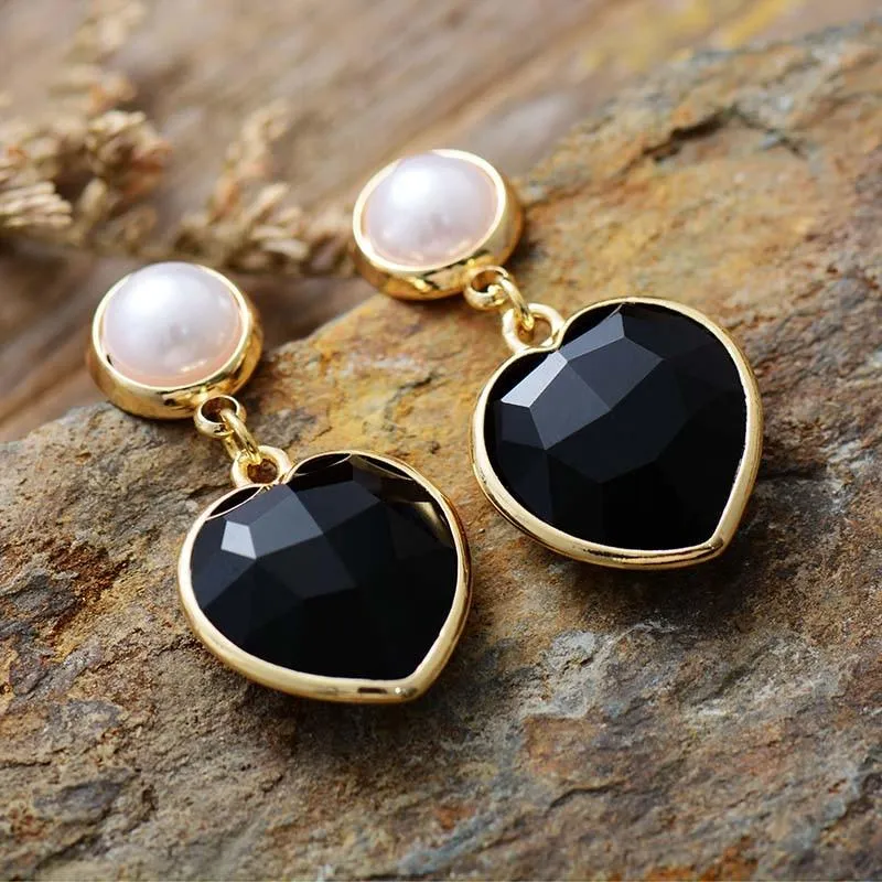 Onyx Hearts Drop Earrings