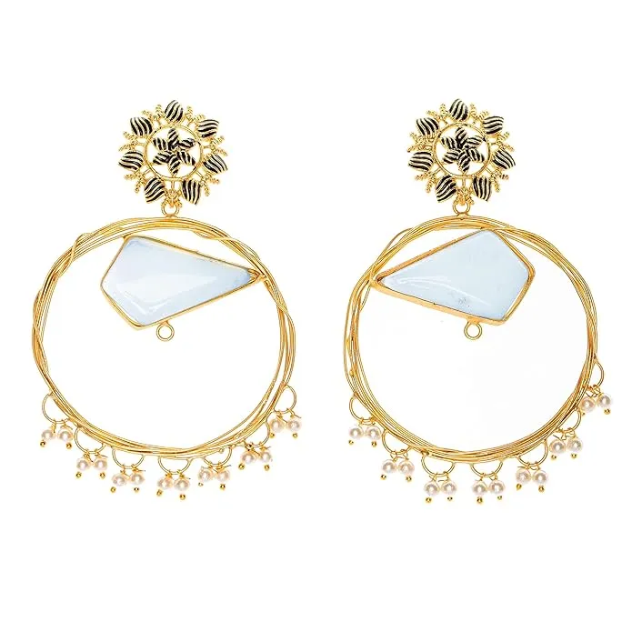 Opal Round Brass Frame Floral Design Stud Earrings - Non-Allergic, Elegant for All Occasions