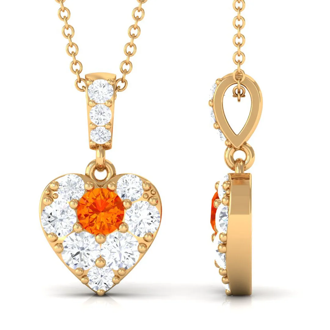 Orange Sapphire and Moissanite Heart Pendant Necklace