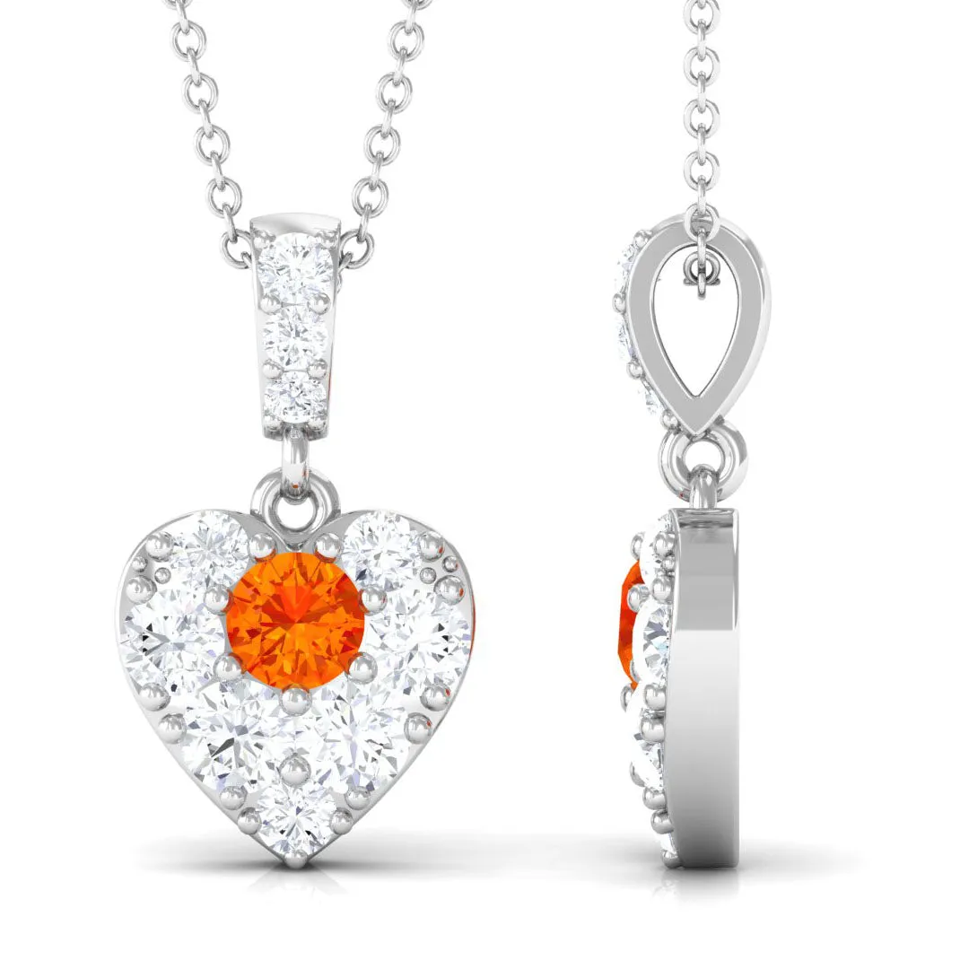 Orange Sapphire and Moissanite Heart Pendant Necklace