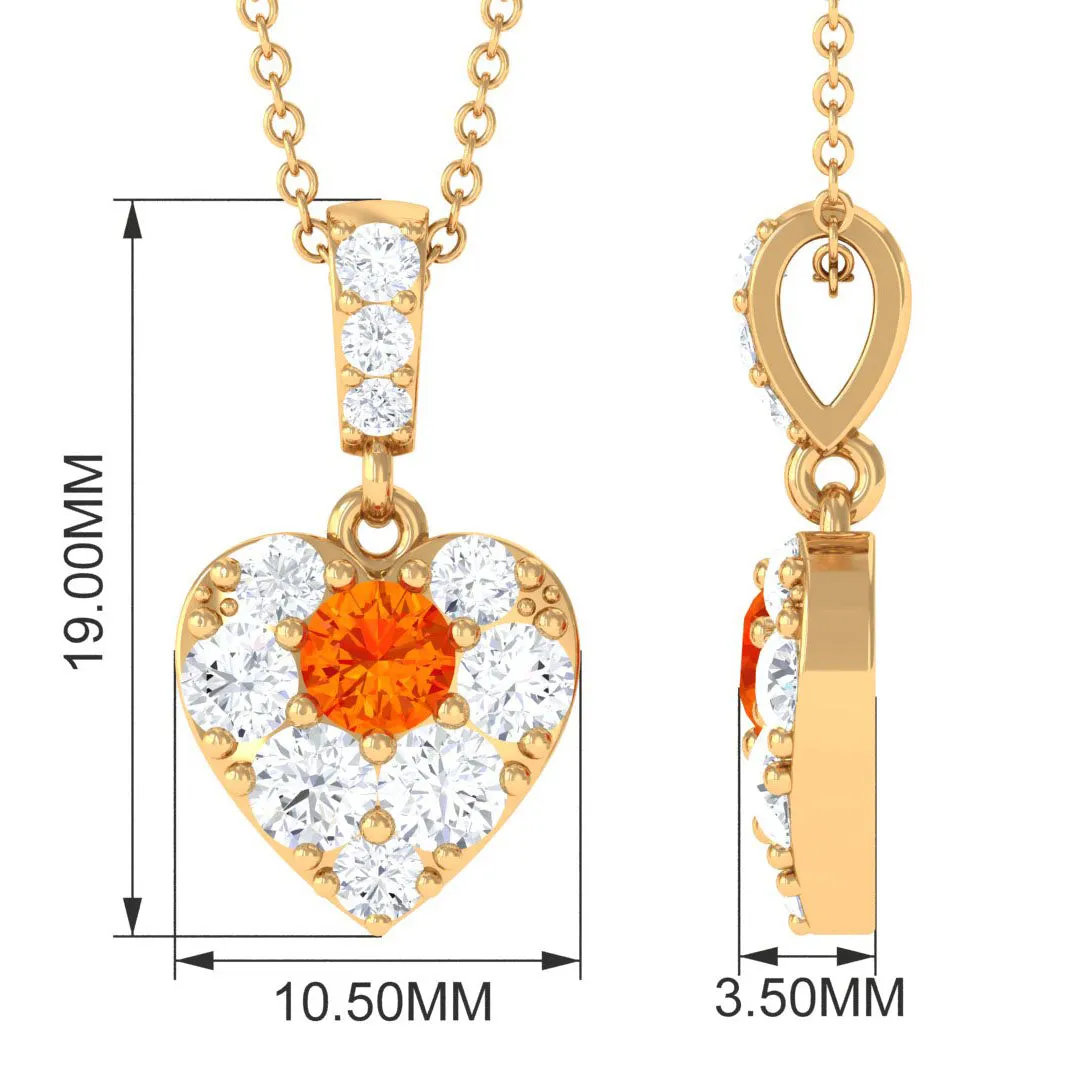 Orange Sapphire and Moissanite Heart Pendant Necklace