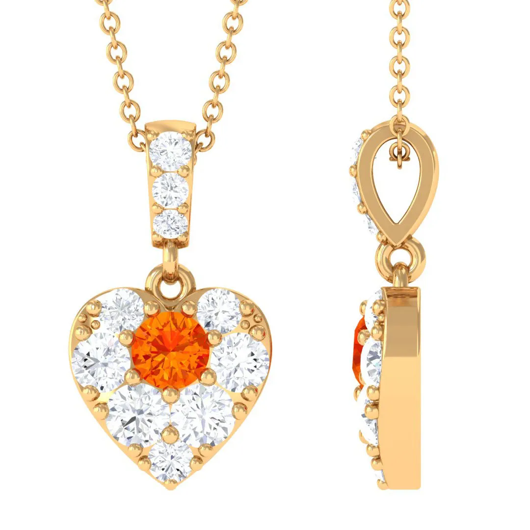 Orange Sapphire and Moissanite Heart Pendant Necklace