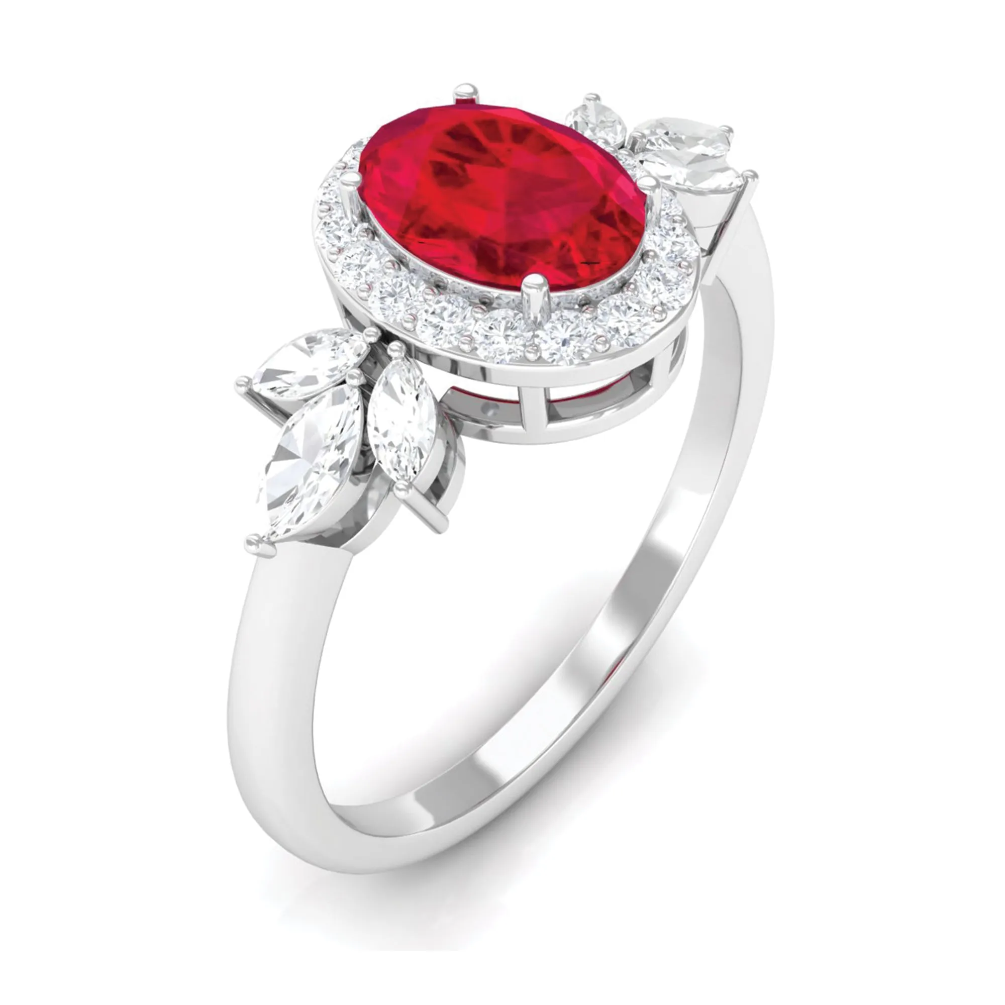 Oval Cut Lab-Created Ruby Statement Engagement Ring with Diamond