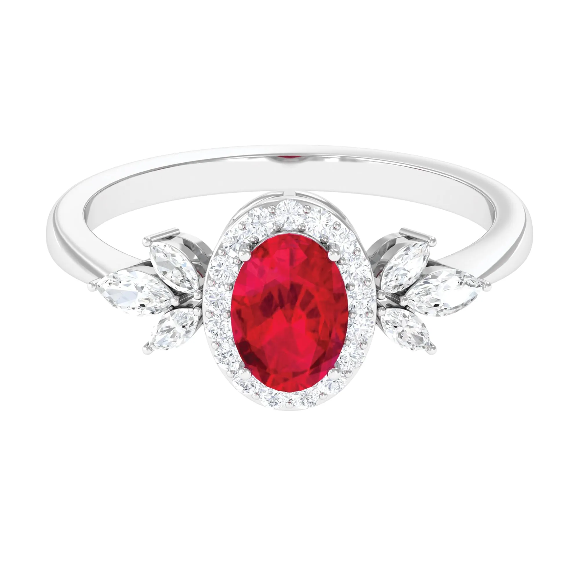 Oval Cut Lab-Created Ruby Statement Engagement Ring with Diamond